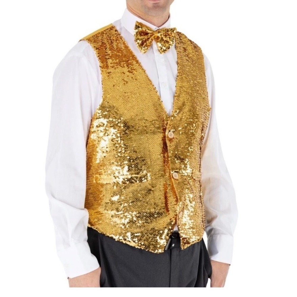 Gold Sequin Waistcoat Vest Bow Tie Set Mens XL Formal Performance Party Sparkle